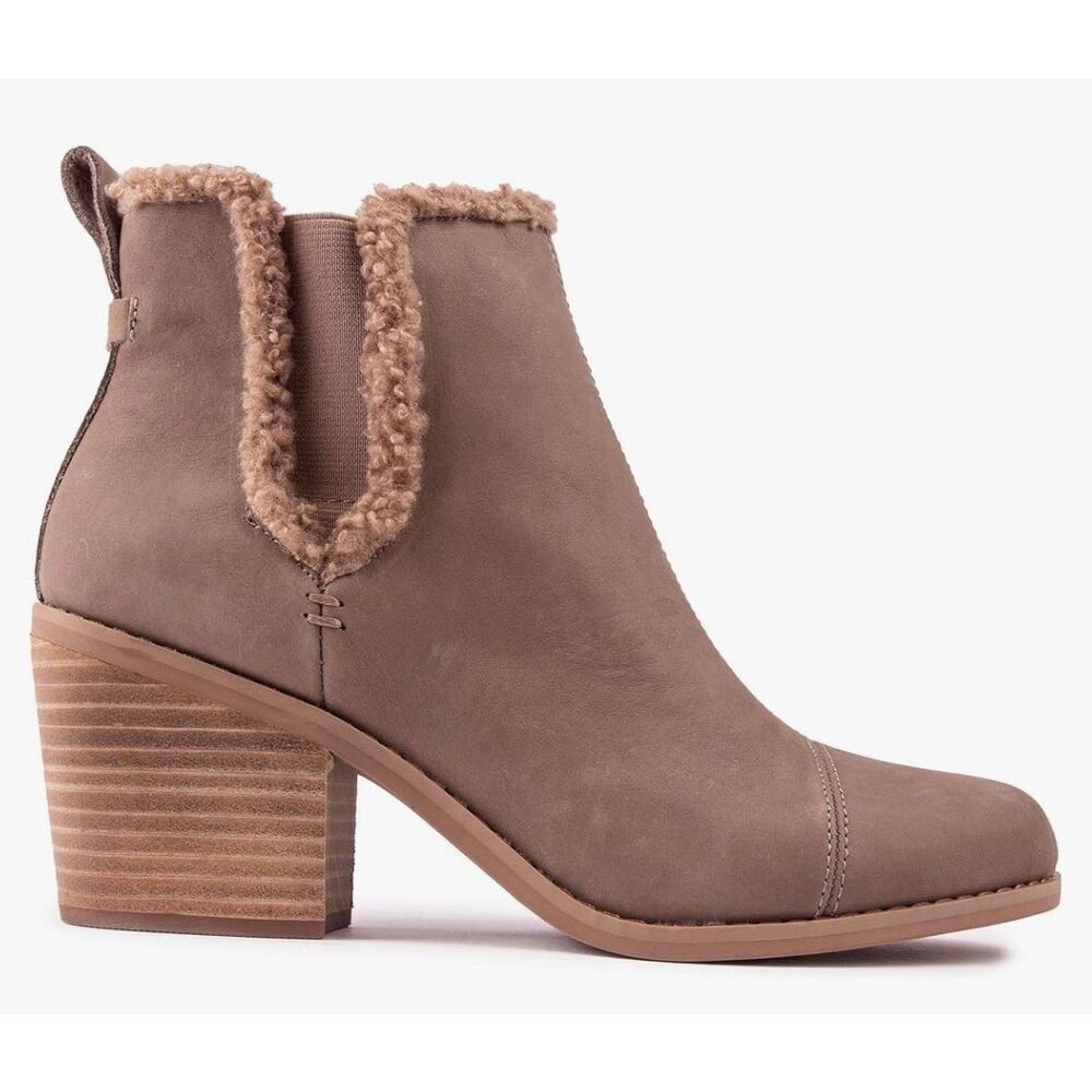 TOMS Women's Everly Chelsea Boot, Taupe Grey Leather/Faux Shearling, 10